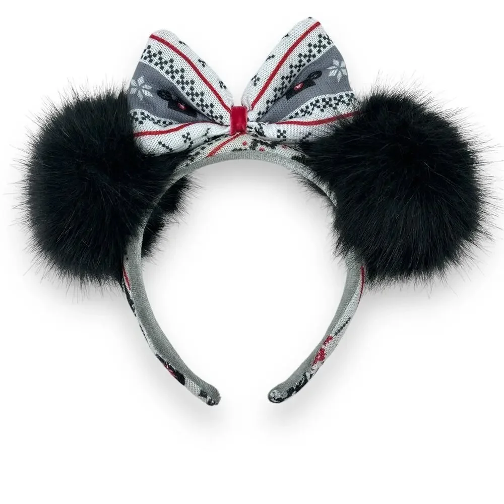 Disney Minnie Mouse Holiday Christmas Faux Fur Fuzzy Ears Sweater Bow Headband